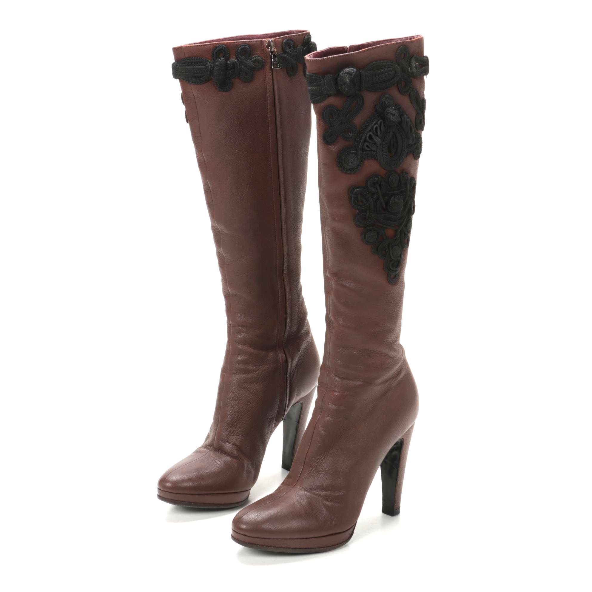 Prada Brown Leather High-Heeled Boots with Black Soutache Embroidery