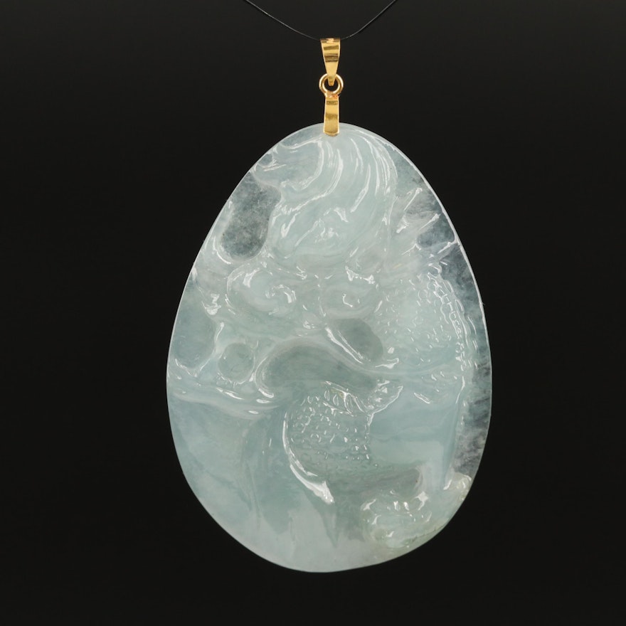 Oval Carved Jadeite Dragon Pendant with 18K Bail