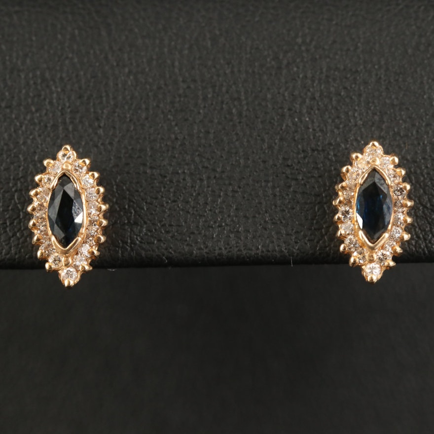 14K Sapphire and Diamond Navette Stud Earrings