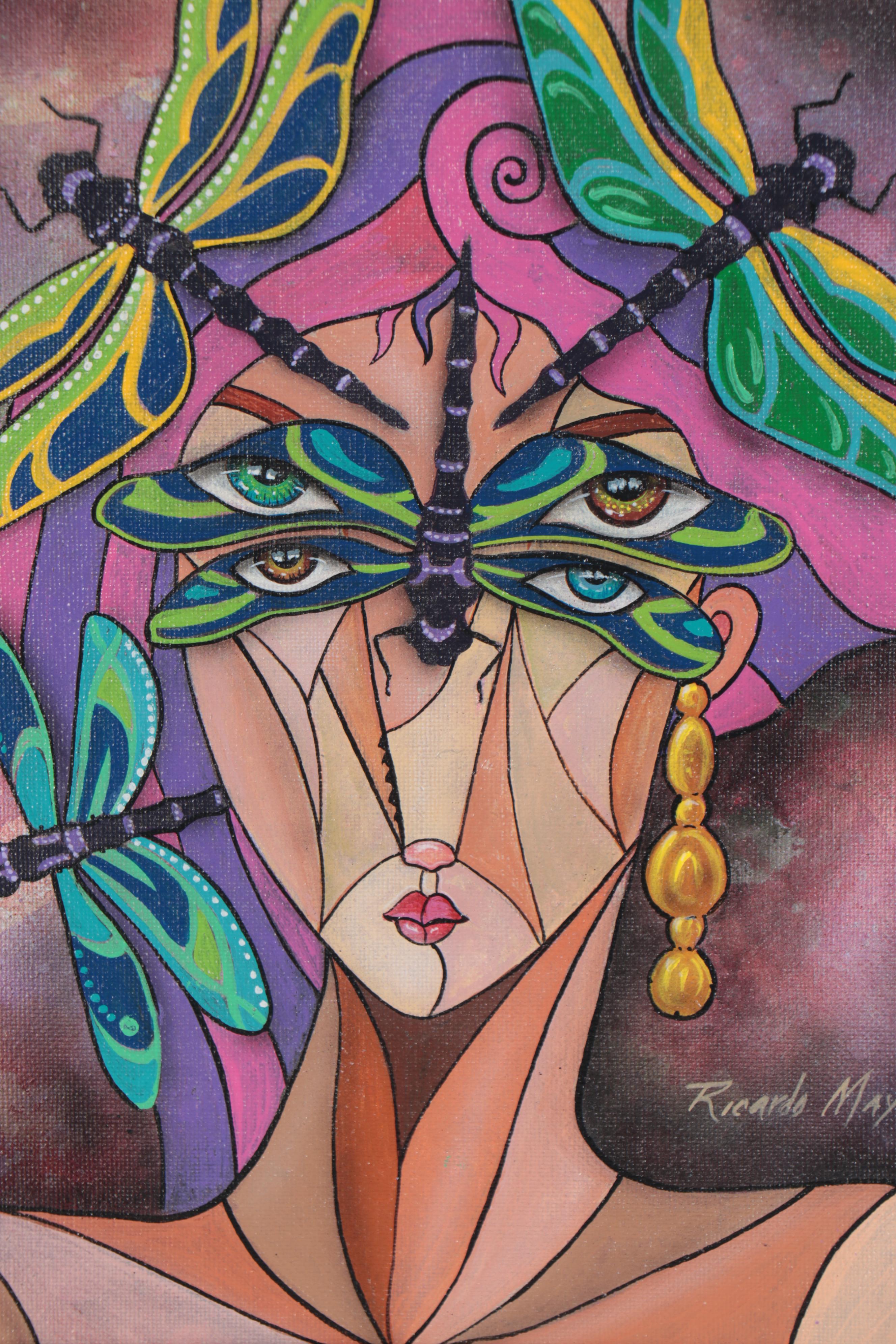 Ricardo Maya Acrylic Portrait Painting of Woman with Dragonflies, 21st Century