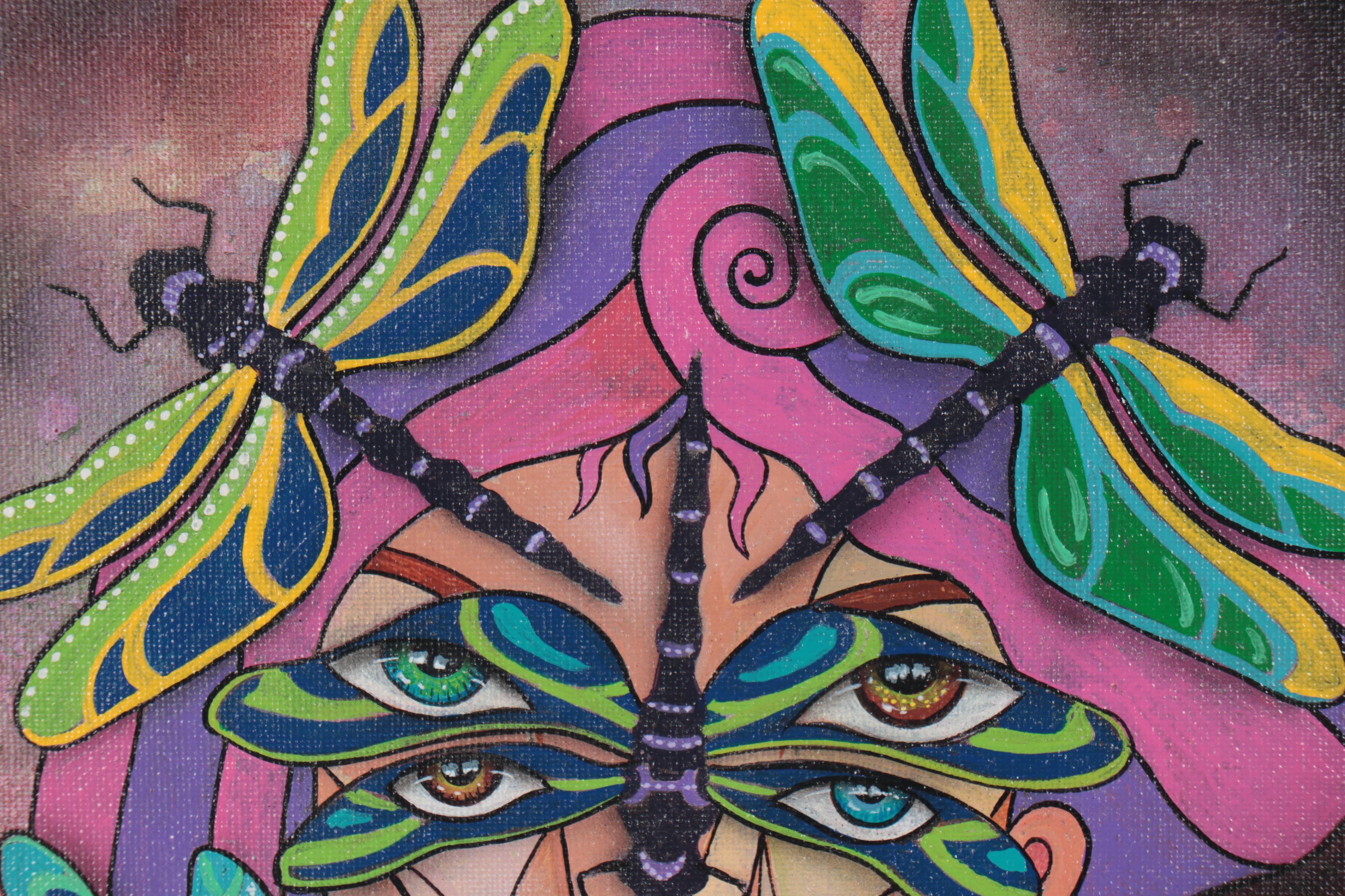 Ricardo Maya Acrylic Portrait Painting of Woman with Dragonflies, 21st Century