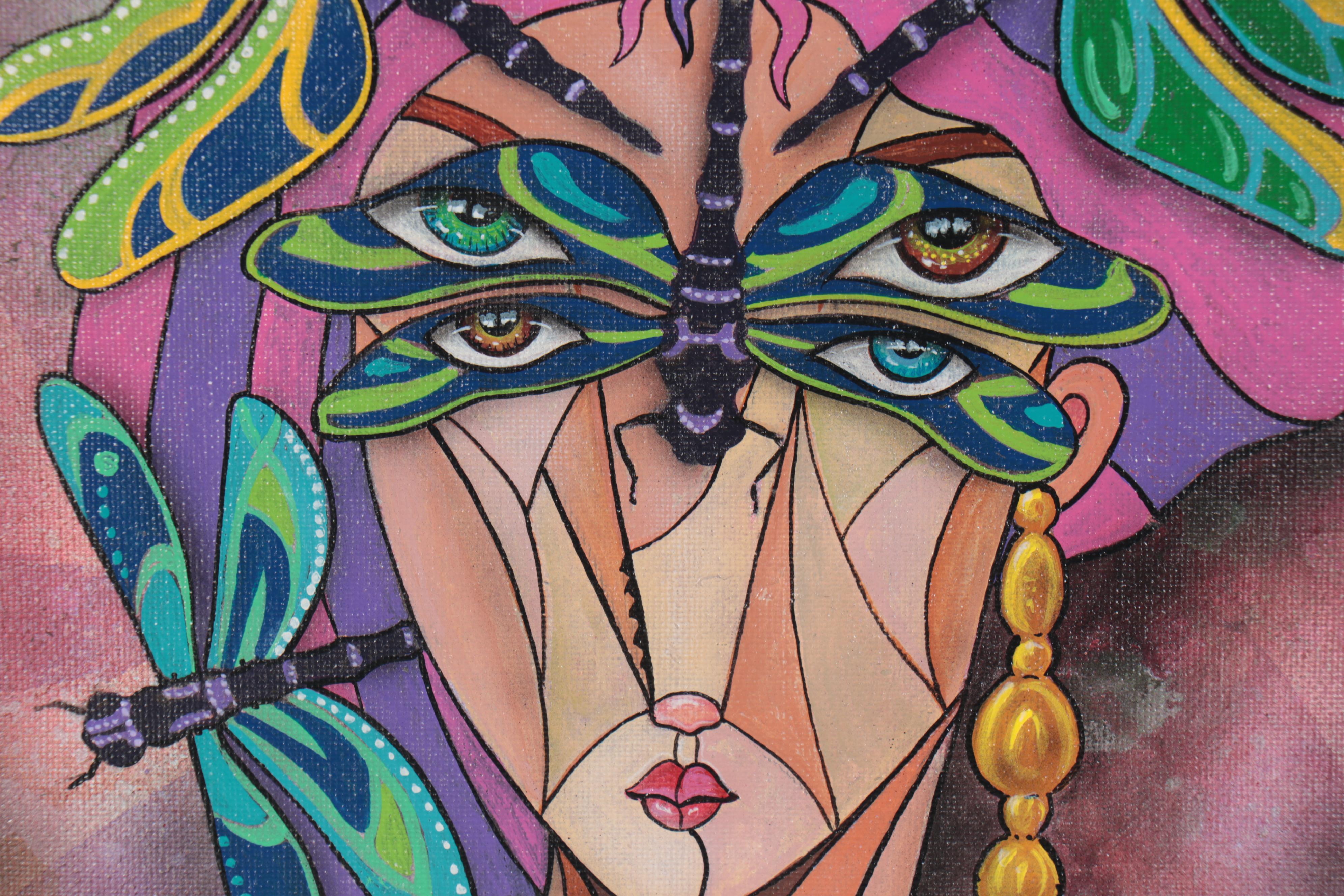 Ricardo Maya Acrylic Portrait Painting of Woman with Dragonflies, 21st Century