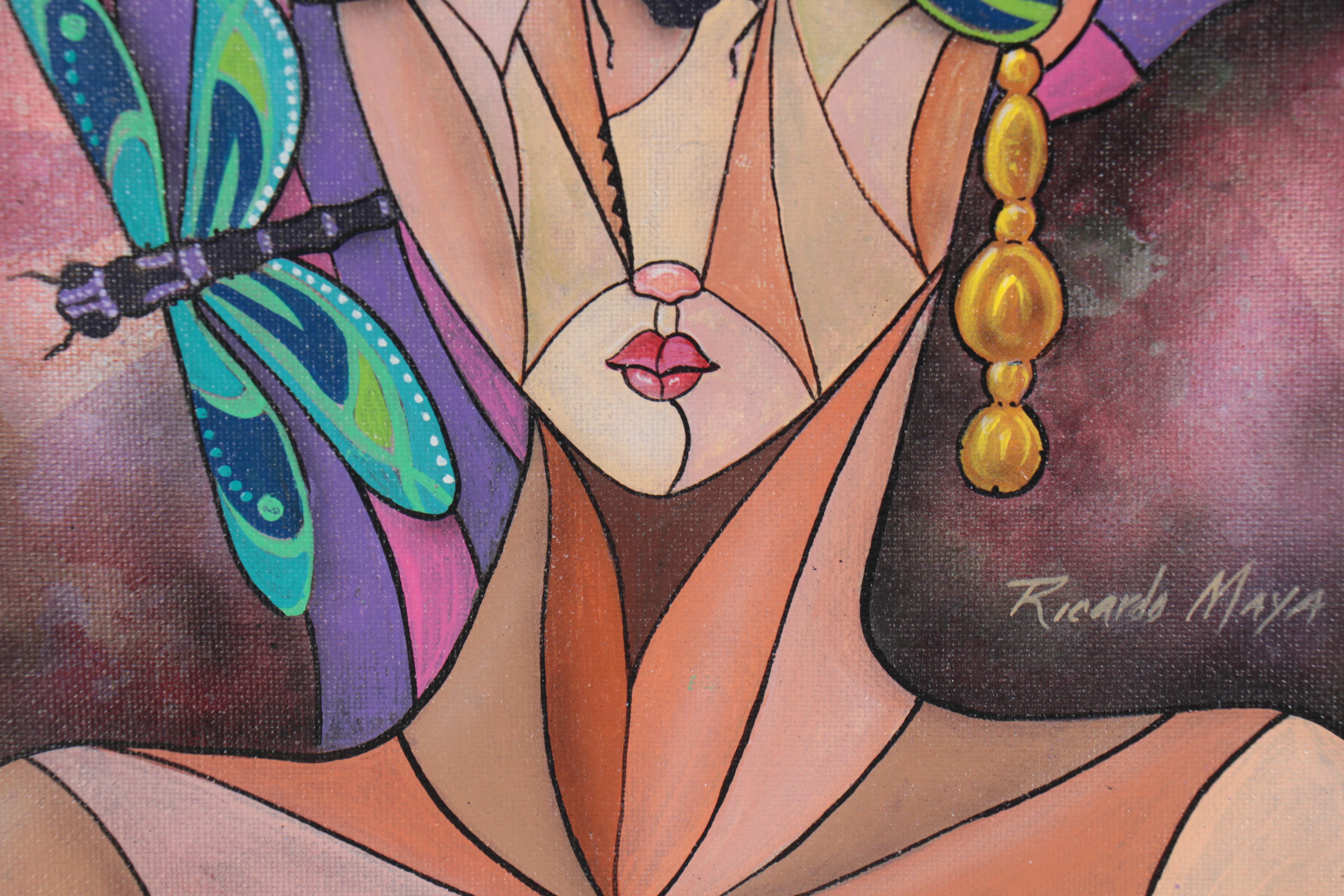 Ricardo Maya Acrylic Portrait Painting of Woman with Dragonflies, 21st Century