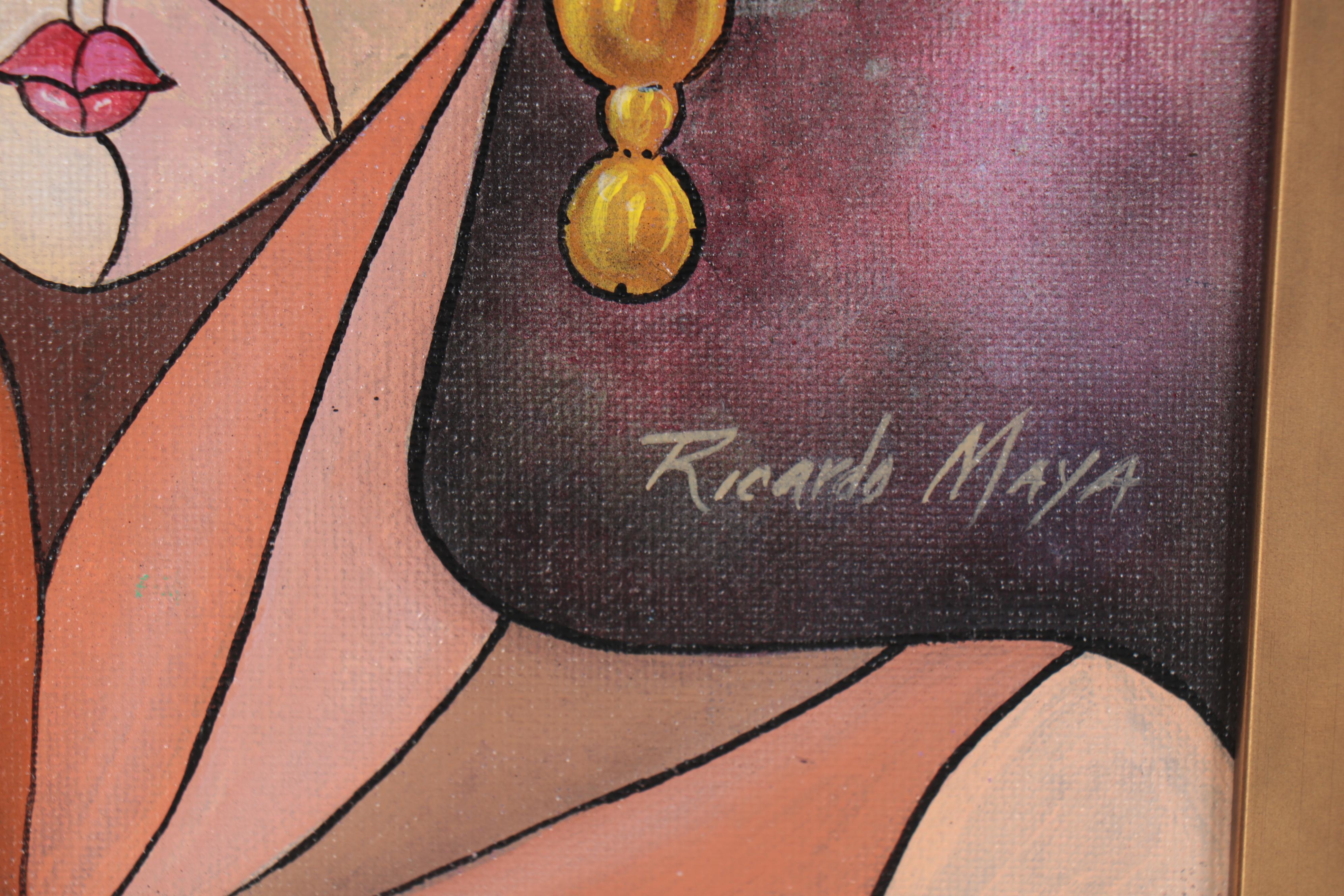 Ricardo Maya Acrylic Portrait Painting of Woman with Dragonflies, 21st Century