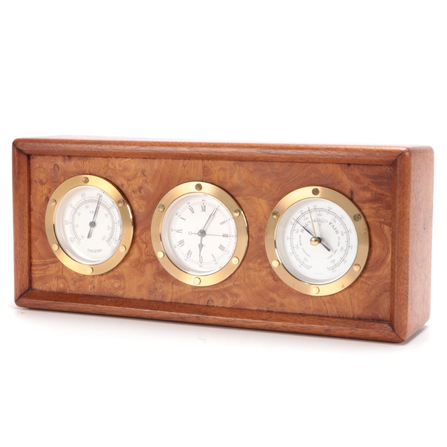 German Burled Maple Desk Top Weather Station with Clock, Late 20th-21st Century