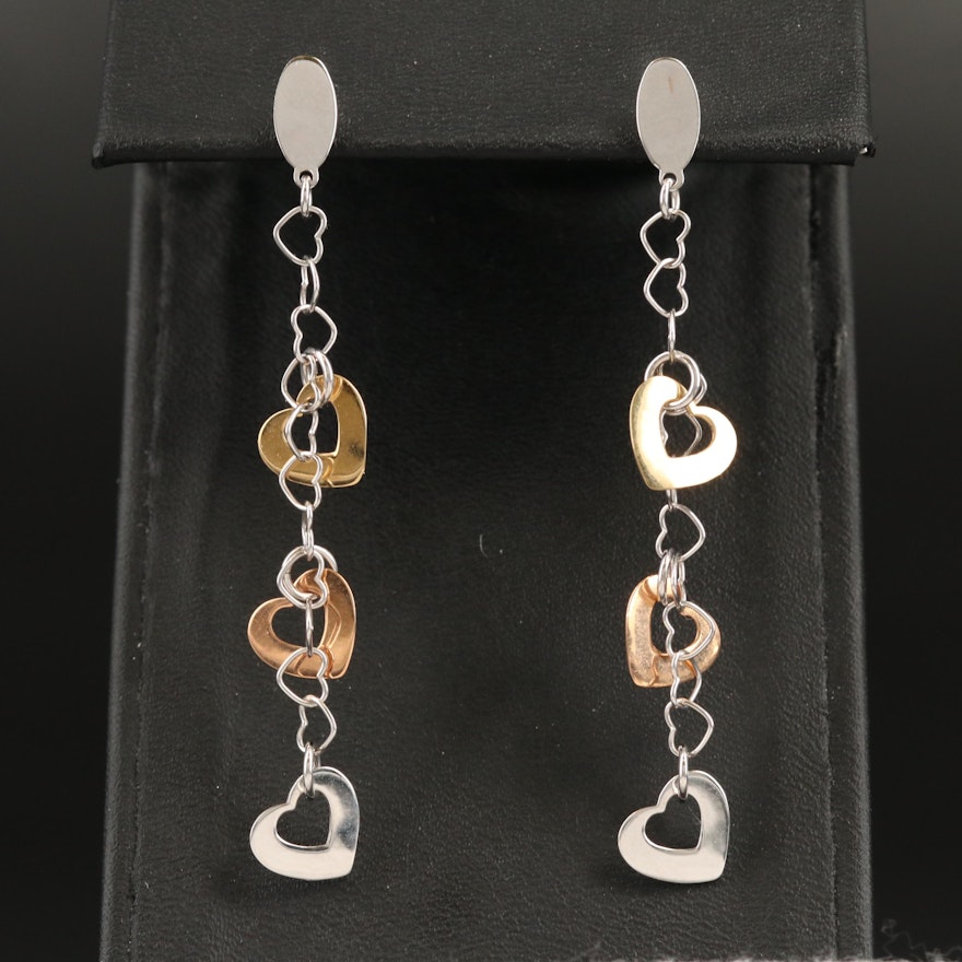 18K Tri-Color Gold Heart Earrings with Rose Gold Accents