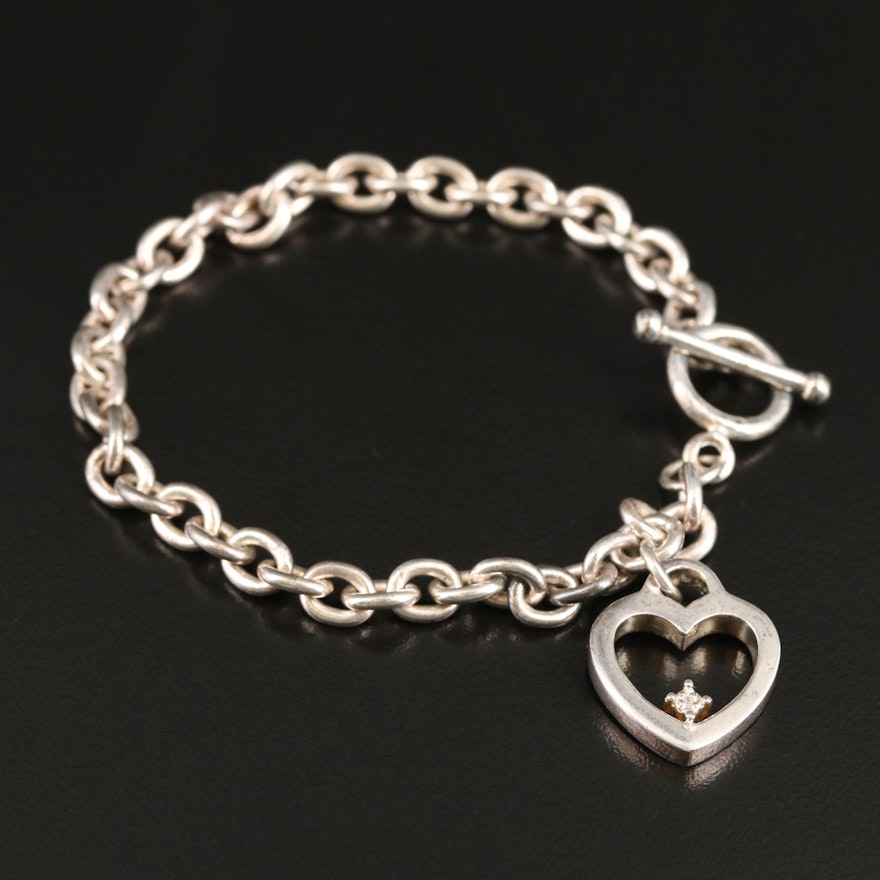 Sterling Heart Charm Bracelet with Diamond Accent