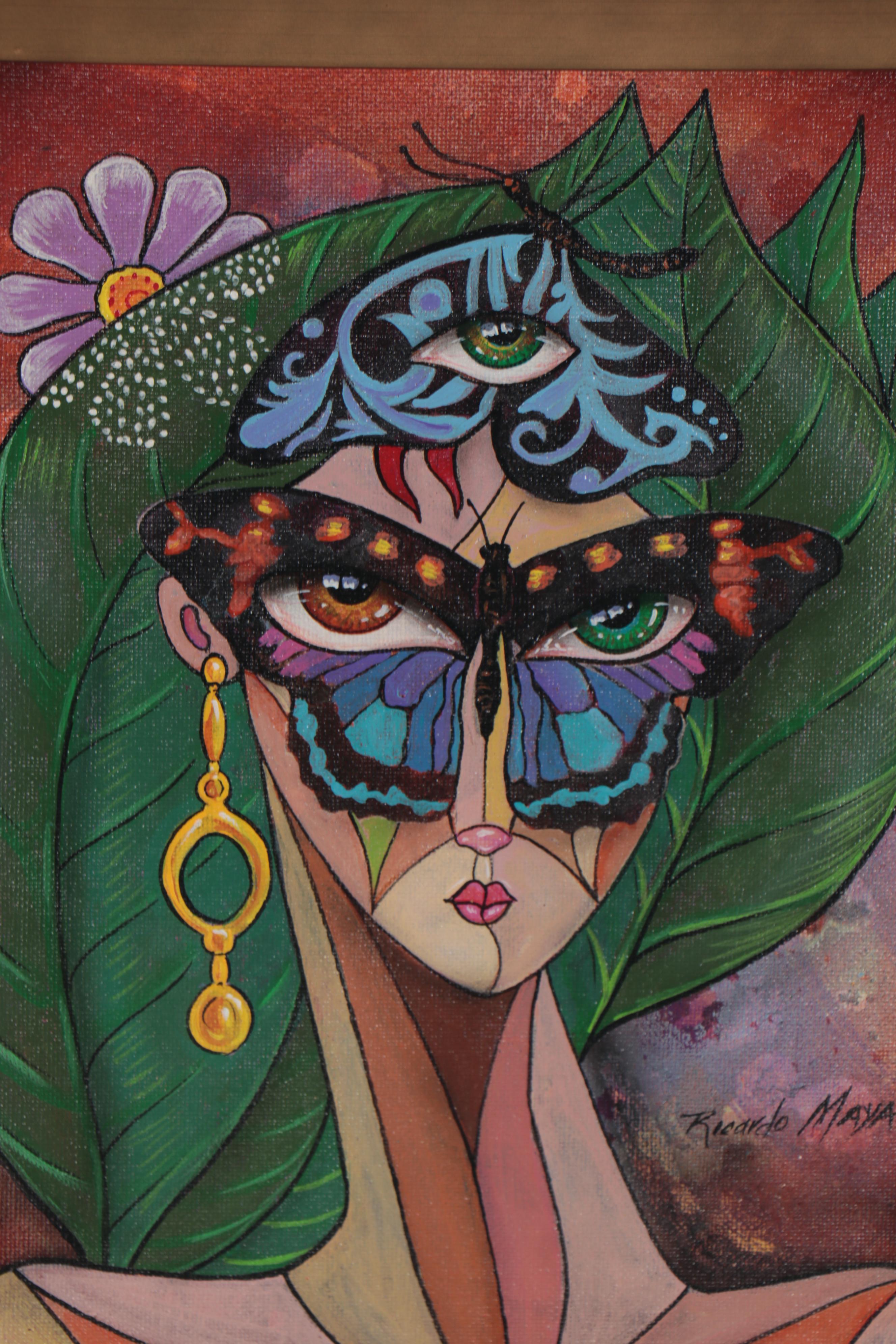 Ricardo Maya Acrylic Painting of Surreal Portrait with Butterflies, 21st Century