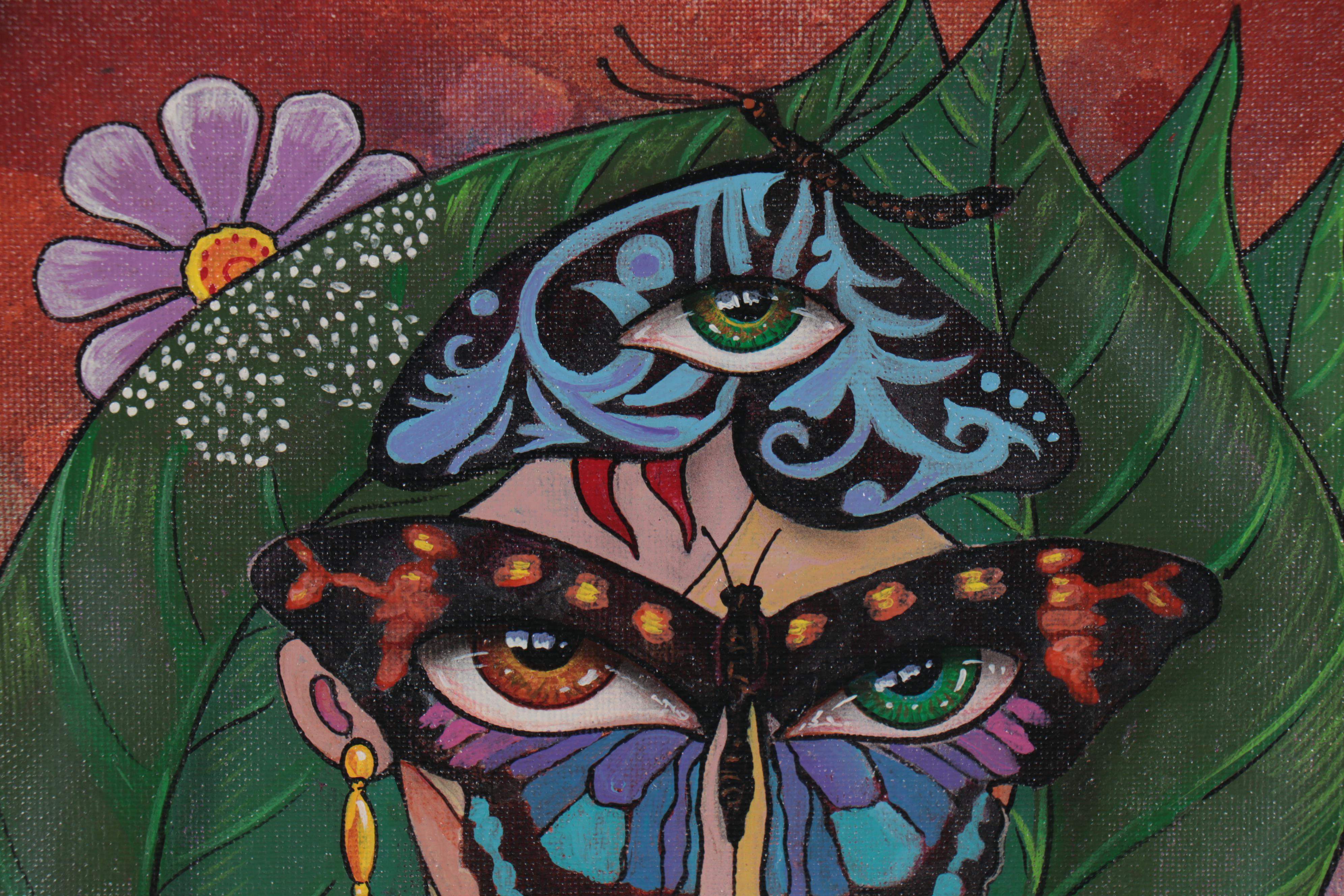 Ricardo Maya Acrylic Painting of Surreal Portrait with Butterflies, 21st Century