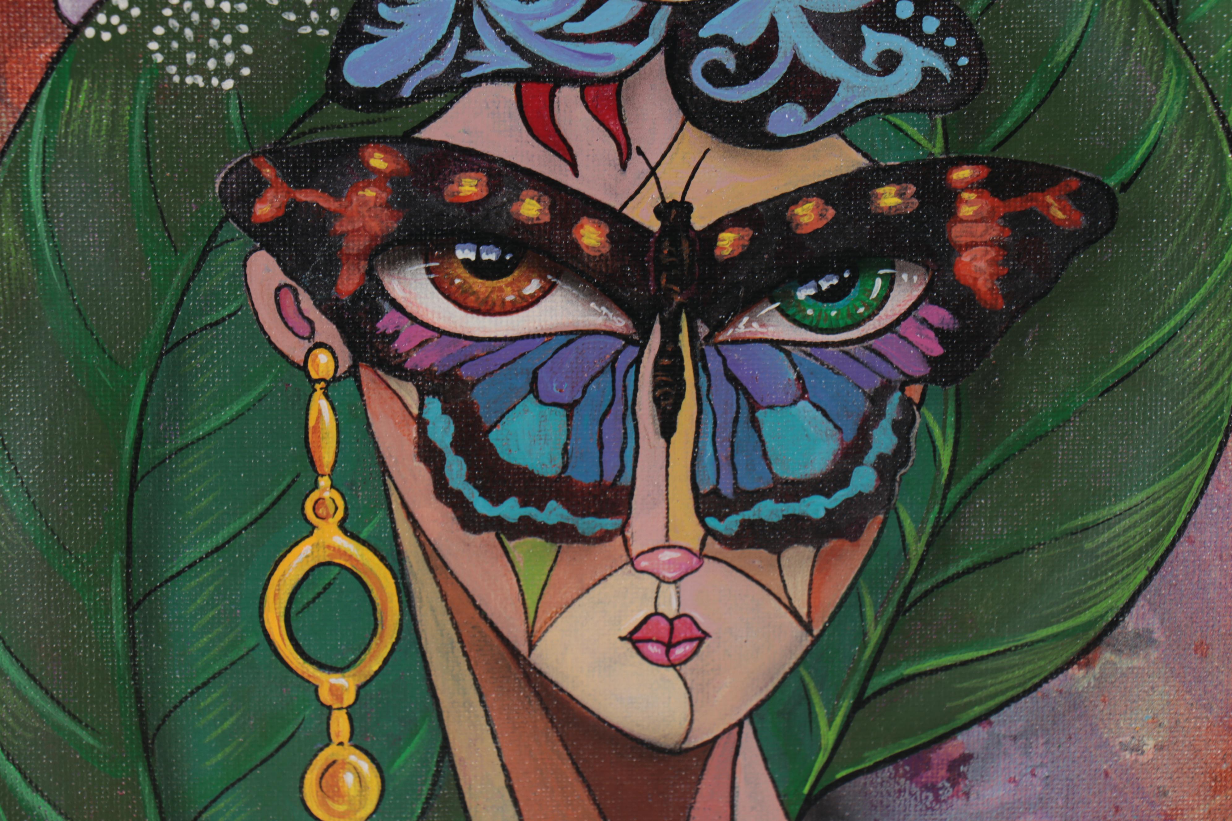 Ricardo Maya Acrylic Painting of Surreal Portrait with Butterflies, 21st Century