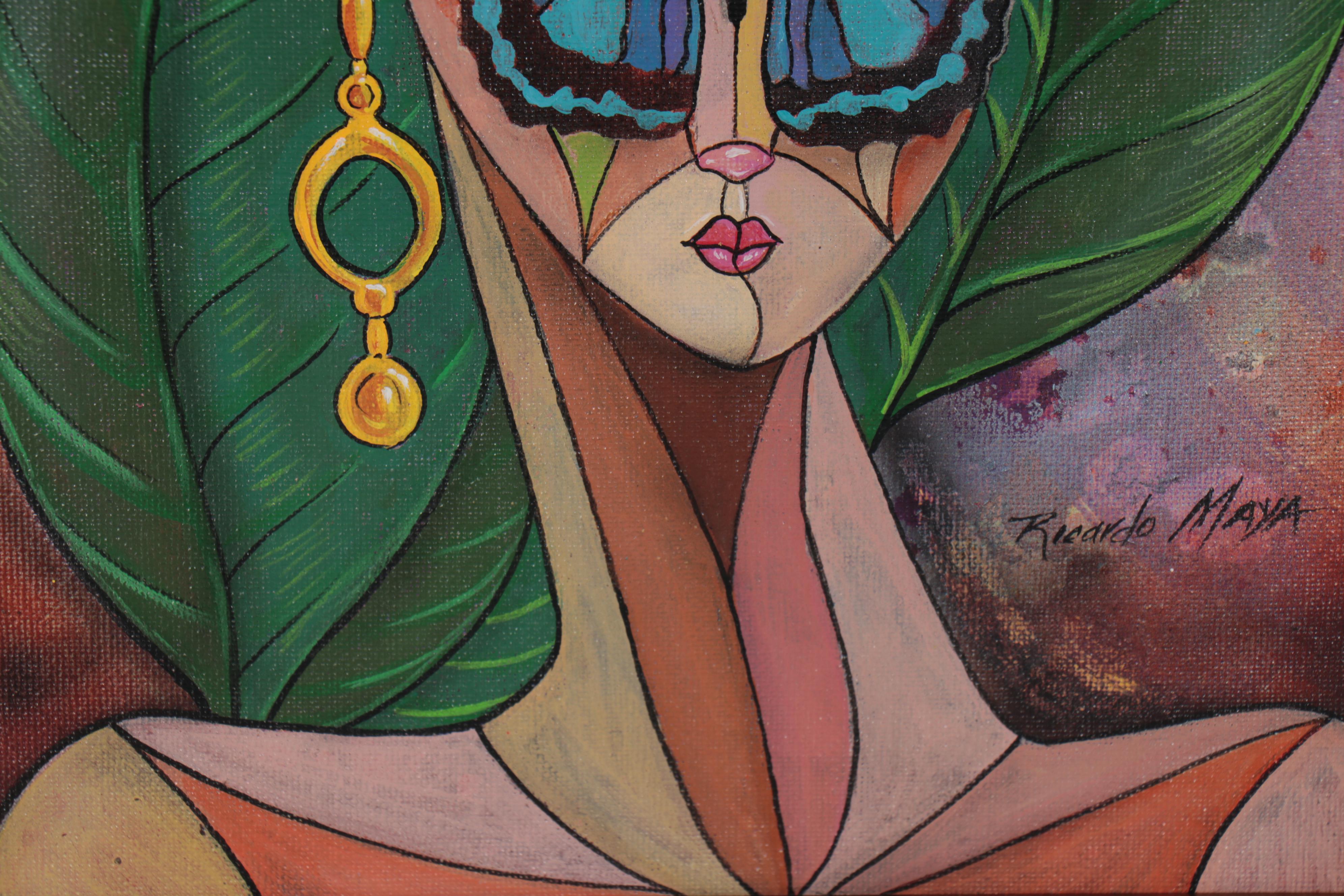 Ricardo Maya Acrylic Painting of Surreal Portrait with Butterflies, 21st Century