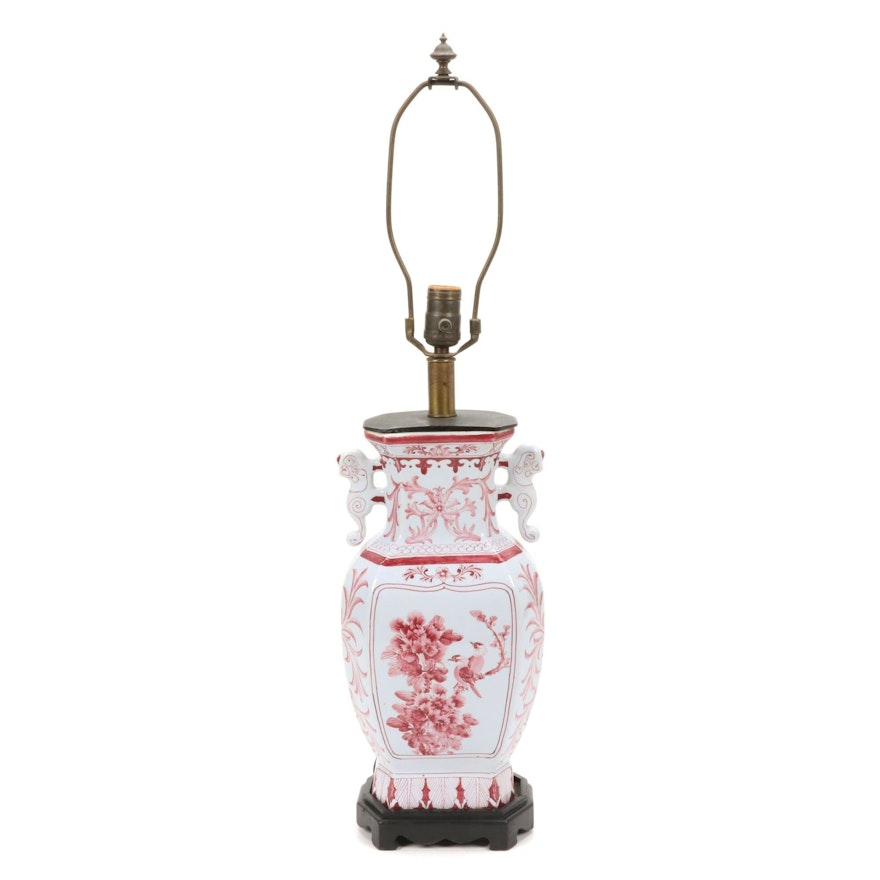 Chinese Hand-Painted Red and White Vase Shaped Table Lamp, Late 20th Century