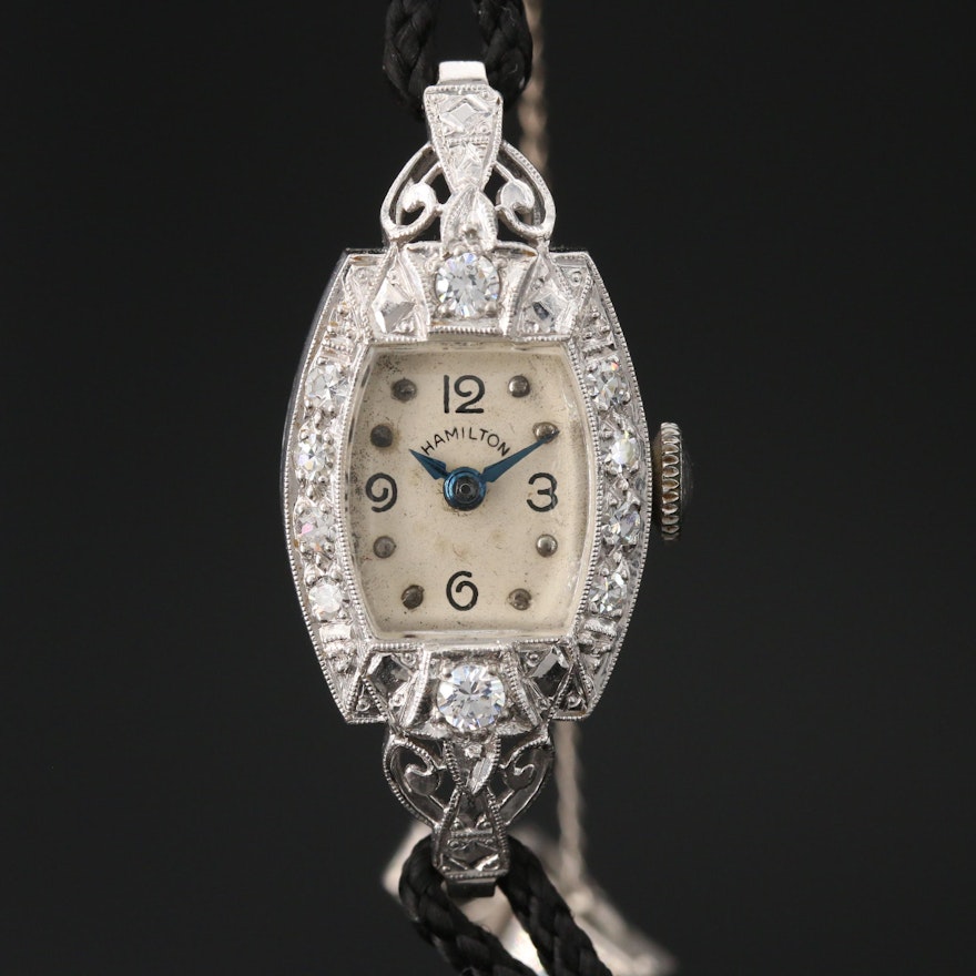 Platinum Hamilton Wristwatch with Diamond and Cubic Zirconia Accents, Circa 1953