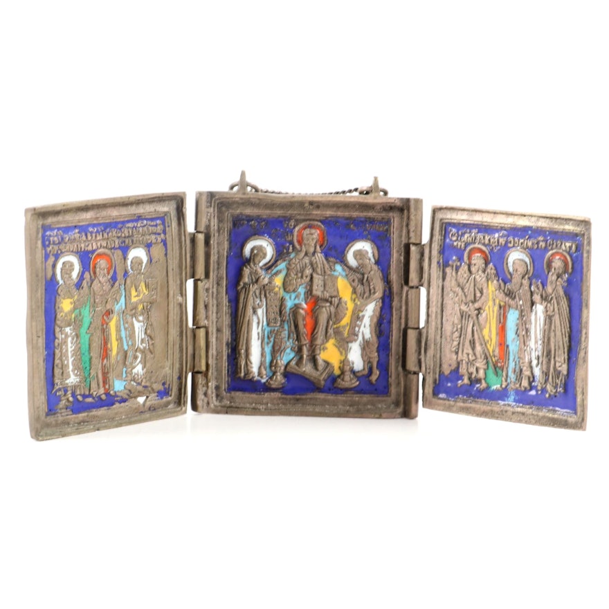 Eastern Orthodox Enamel and Brass Traveling Triptych Icon, Antique