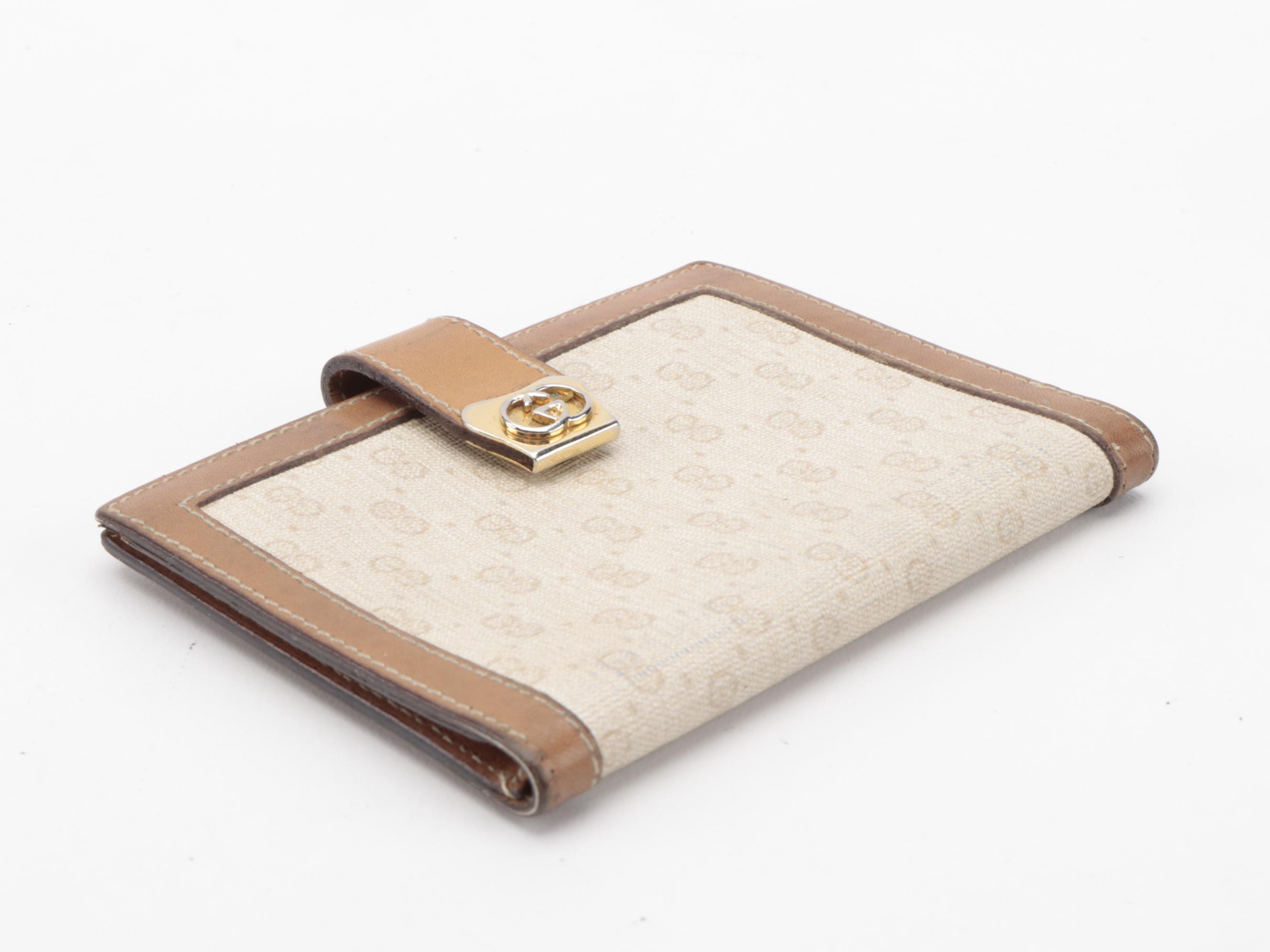 Gucci Notepad Case in Ivory Micro GG Coated Canvas with Brown Leather Trim