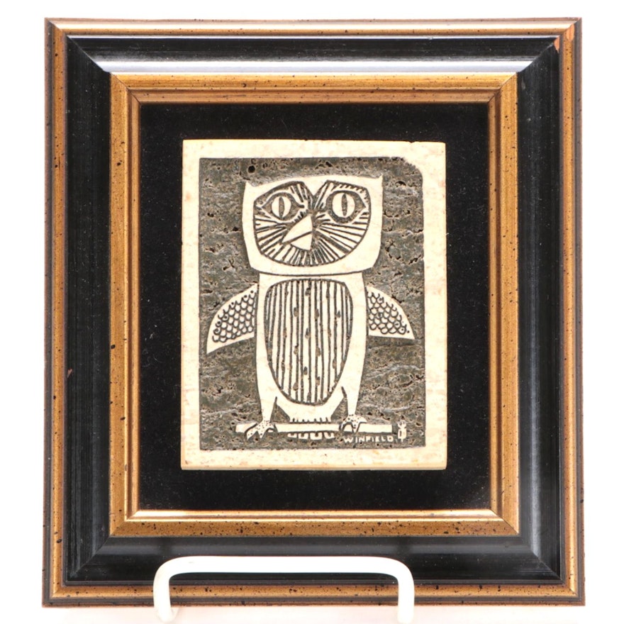 Rodney Winfield Carved Travertine Owl Relief Sculpture, circa 1971