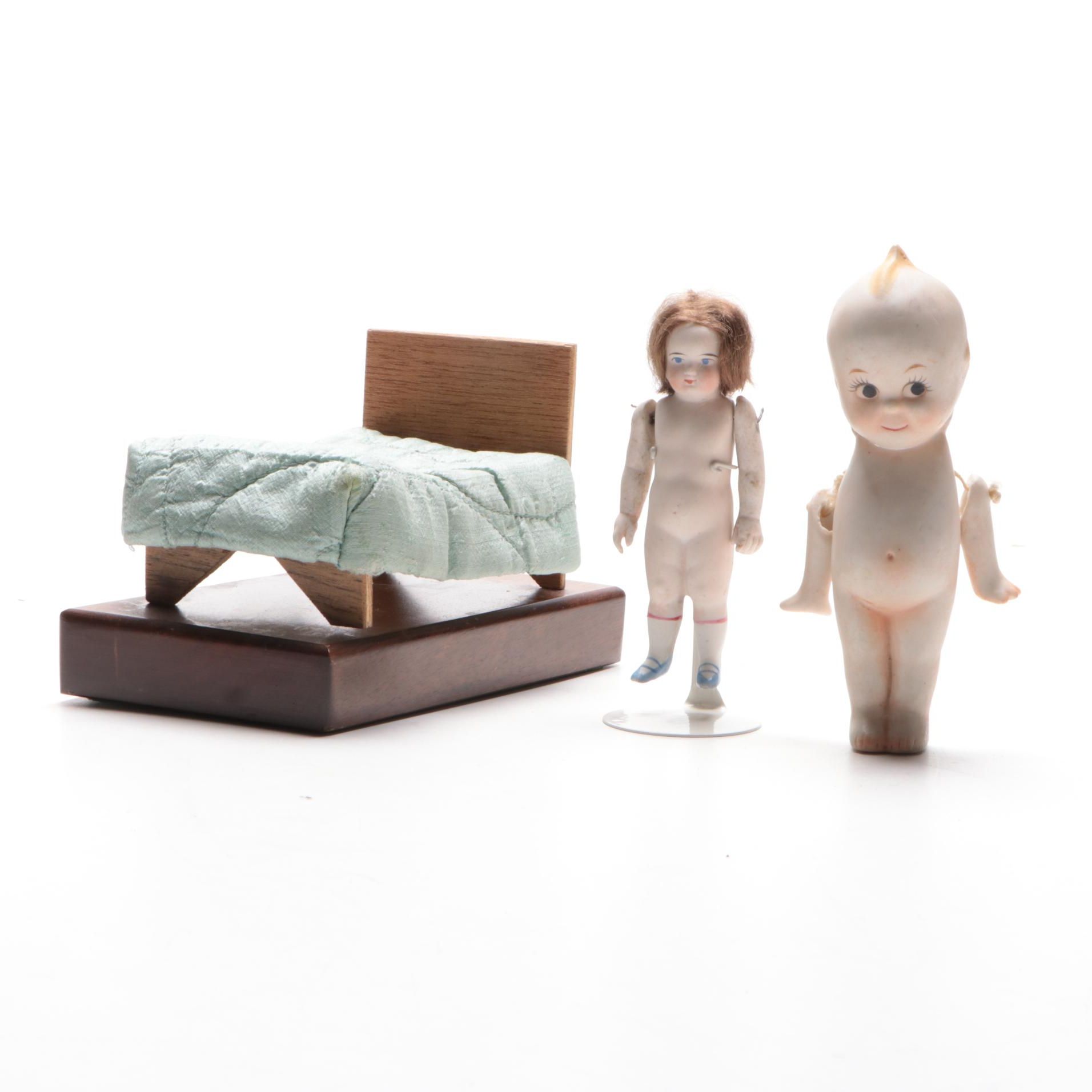 Bisque Dolls and Minature Rope Bed