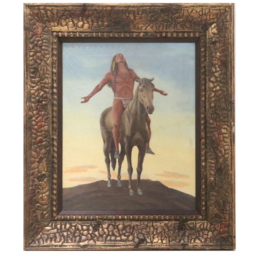 Oil Painting of Native American Man on Horseback, Mid-20th Century