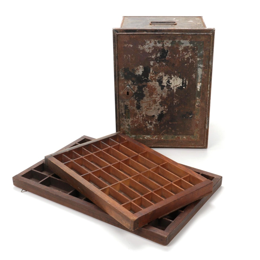 Painted Metal Cabinet with Wooden Letterpress Trays, Early 20th Century