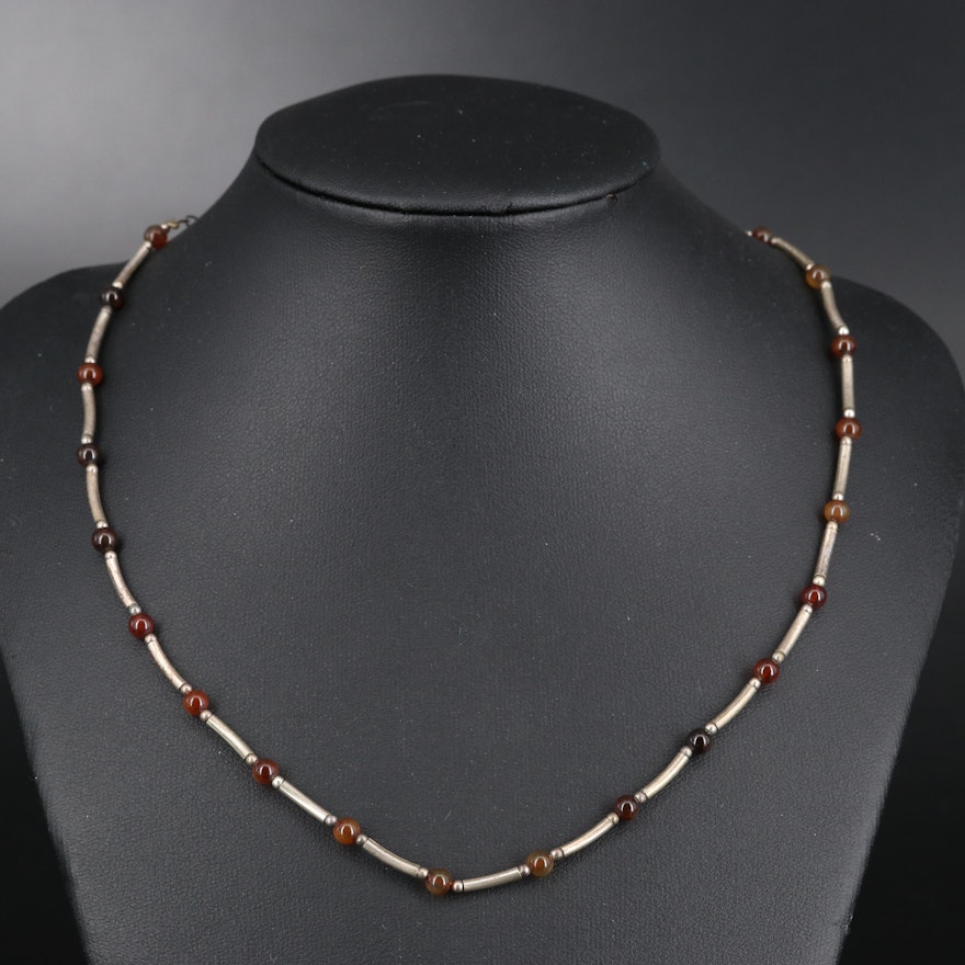 Sterling Agate Bead and Bar Link Necklace