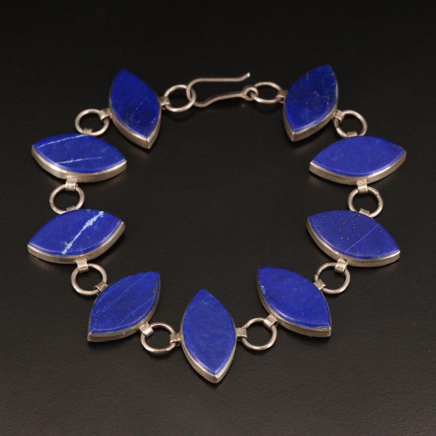 Sterling Lapis Lazuli Navette Link Bracelet