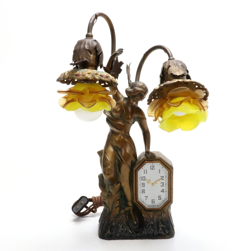 Schadow & Son Art Nouveau Figural Clock Lamp, Early 20th Century