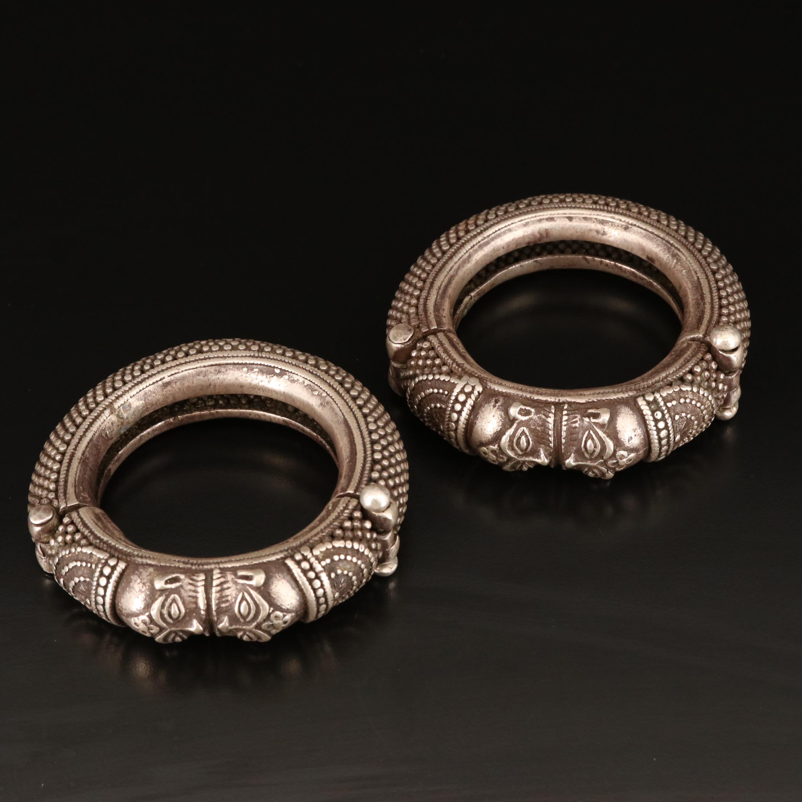 Vintage Indian Madhya Pradesh Makara Shiva Sterling Hinged Bracelets