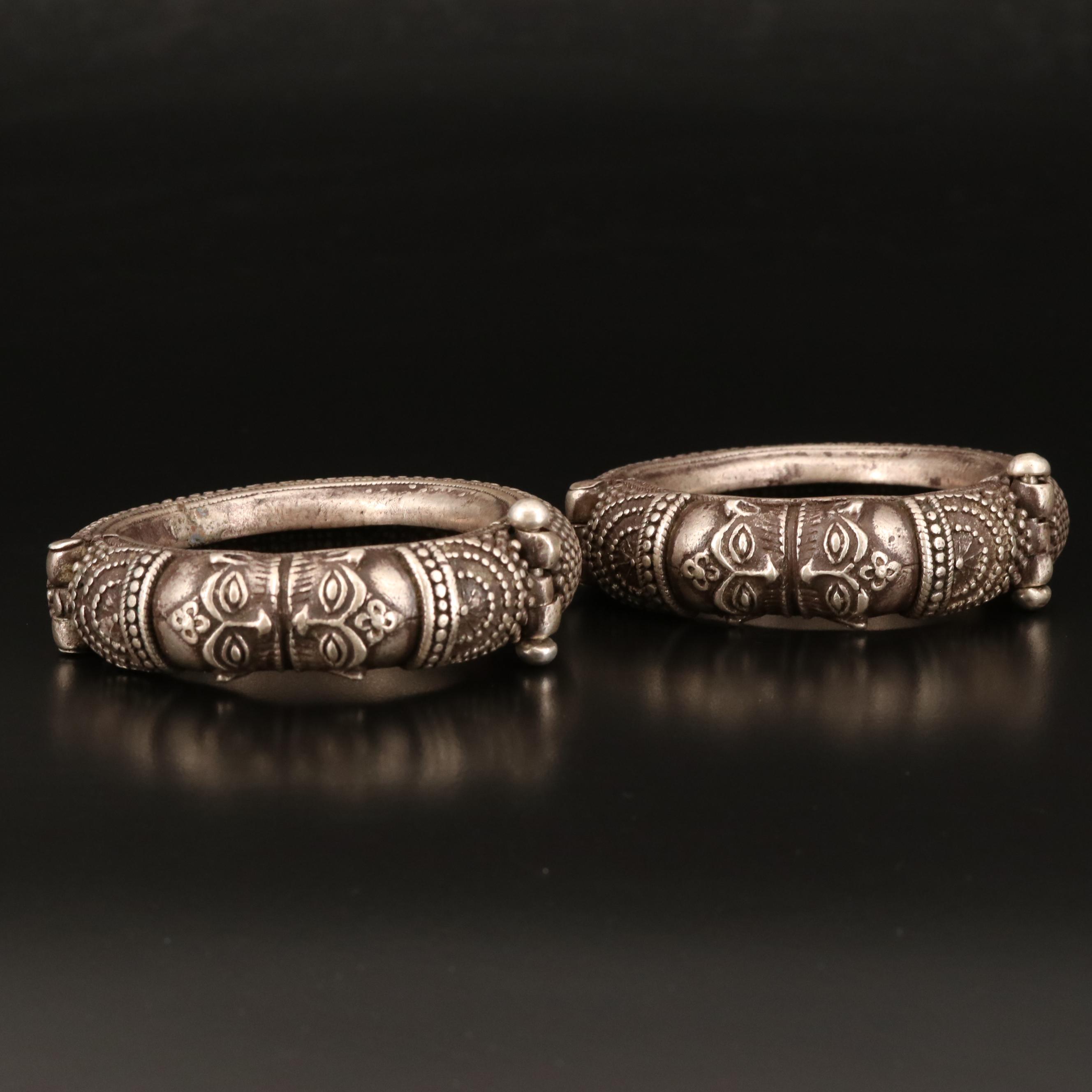 Vintage Indian Madhya Pradesh Makara Shiva Sterling Hinged Bracelets