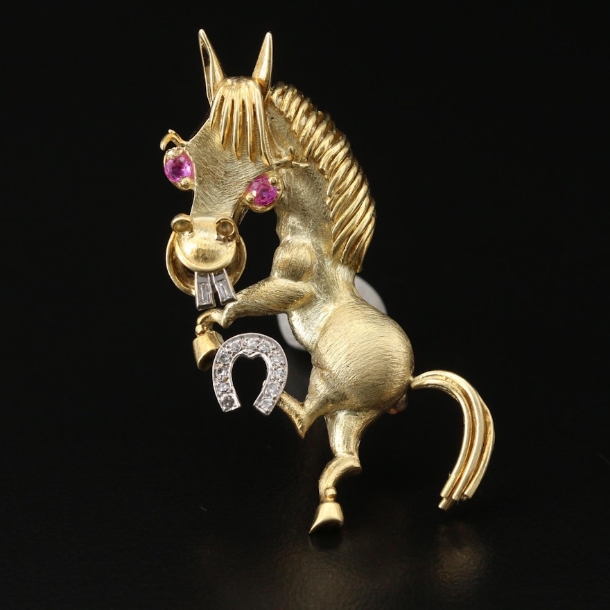 18K Diamond and Ruby Lucky Horse Brooch with 14K Horseshoe and Buckteeth