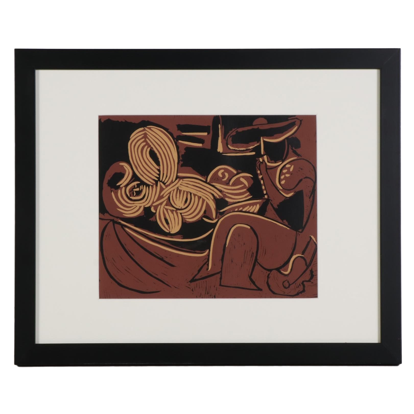 Pablo Picasso Linoleum Cut "Reclining Woman and Picador With Guitar," 1962