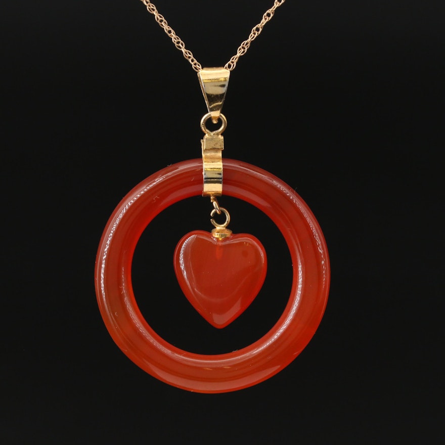 Carnelian Hololith Pendant with Heart Dangle on 14K Necklace