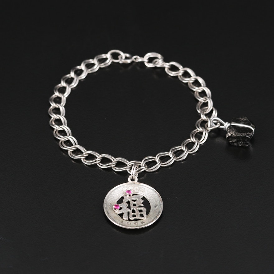 Sterling Bracelet with Shungite and Ruby Good Fortune Charms