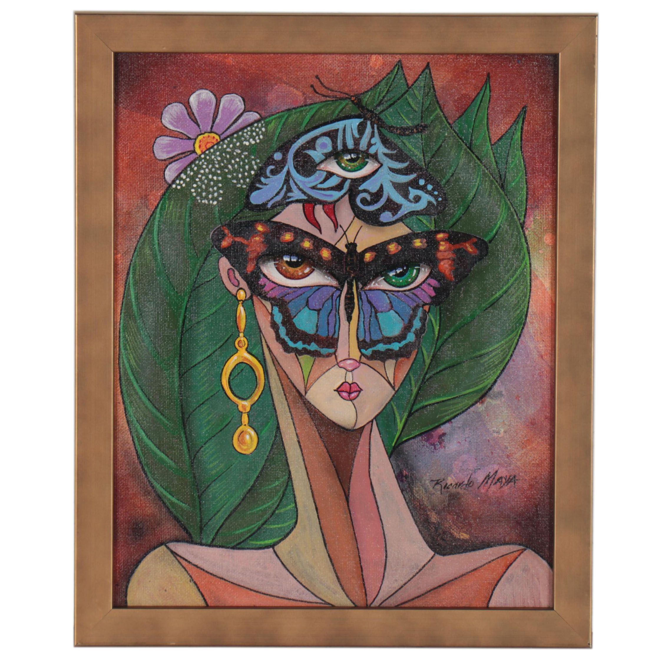 Ricardo Maya Acrylic Painting of Surreal Portrait with Butterflies, 21st Century