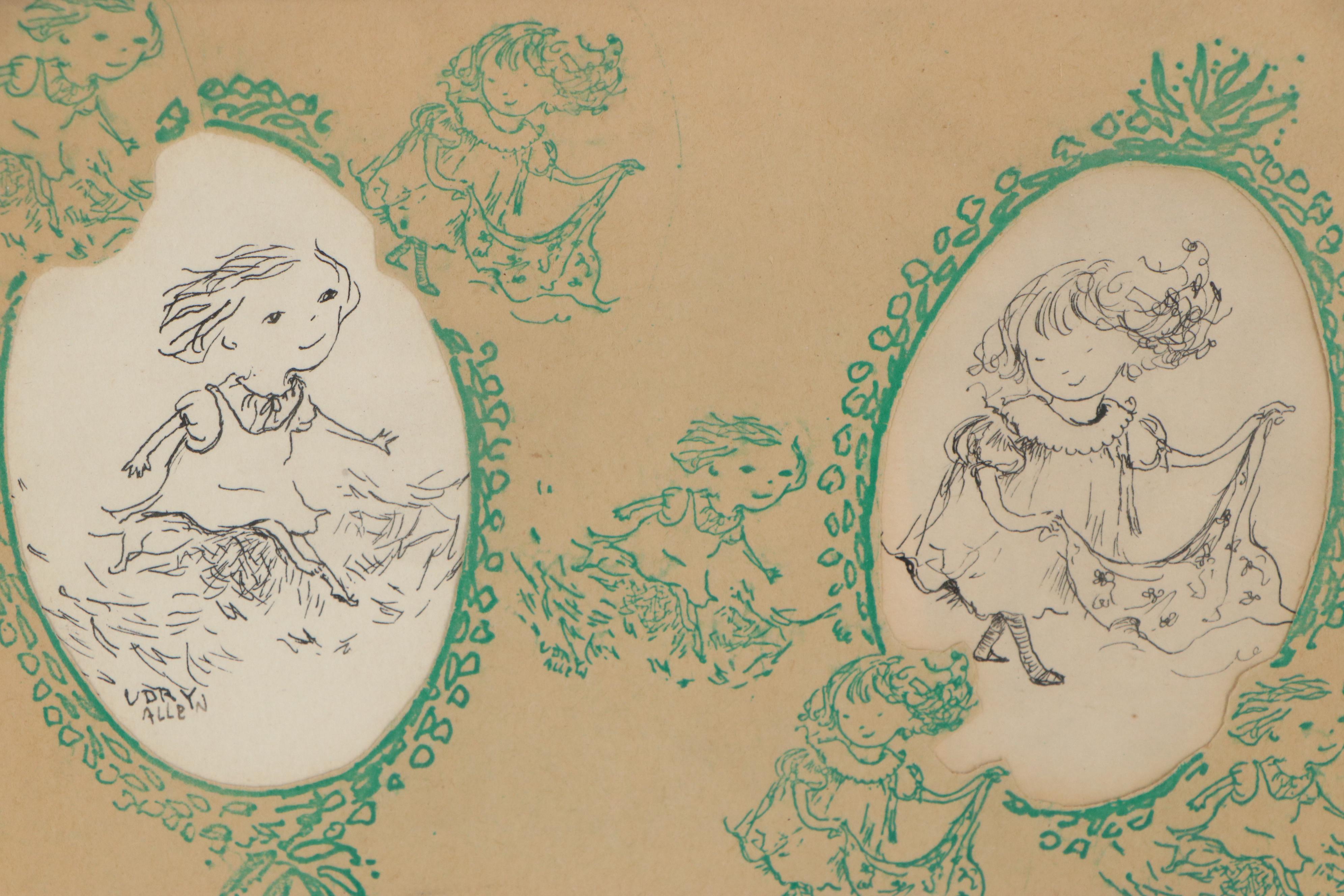 Lois Udry Allen Ink Drawing "Do-Se-Do" and "Grass in the Toes," Mid-20th Century