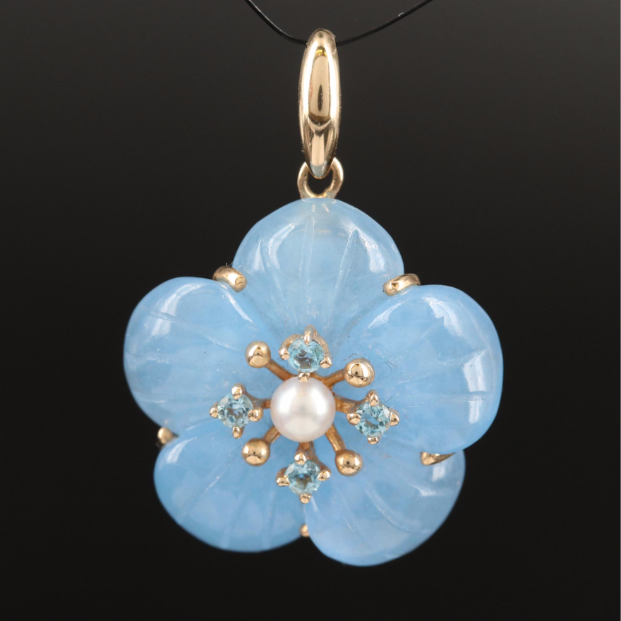 14K Jadeite, Pearl and Topaz Flower Pendant