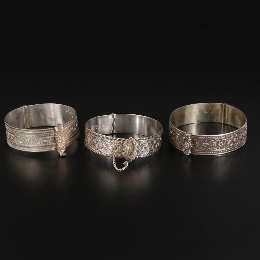 Indian Sterling Silver Hinged Bangles with Stampwork Designs