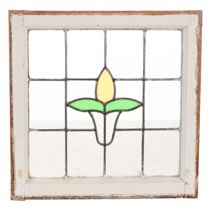 Stained Glass Window in Wooden Frame, Early to Mid 20th Century