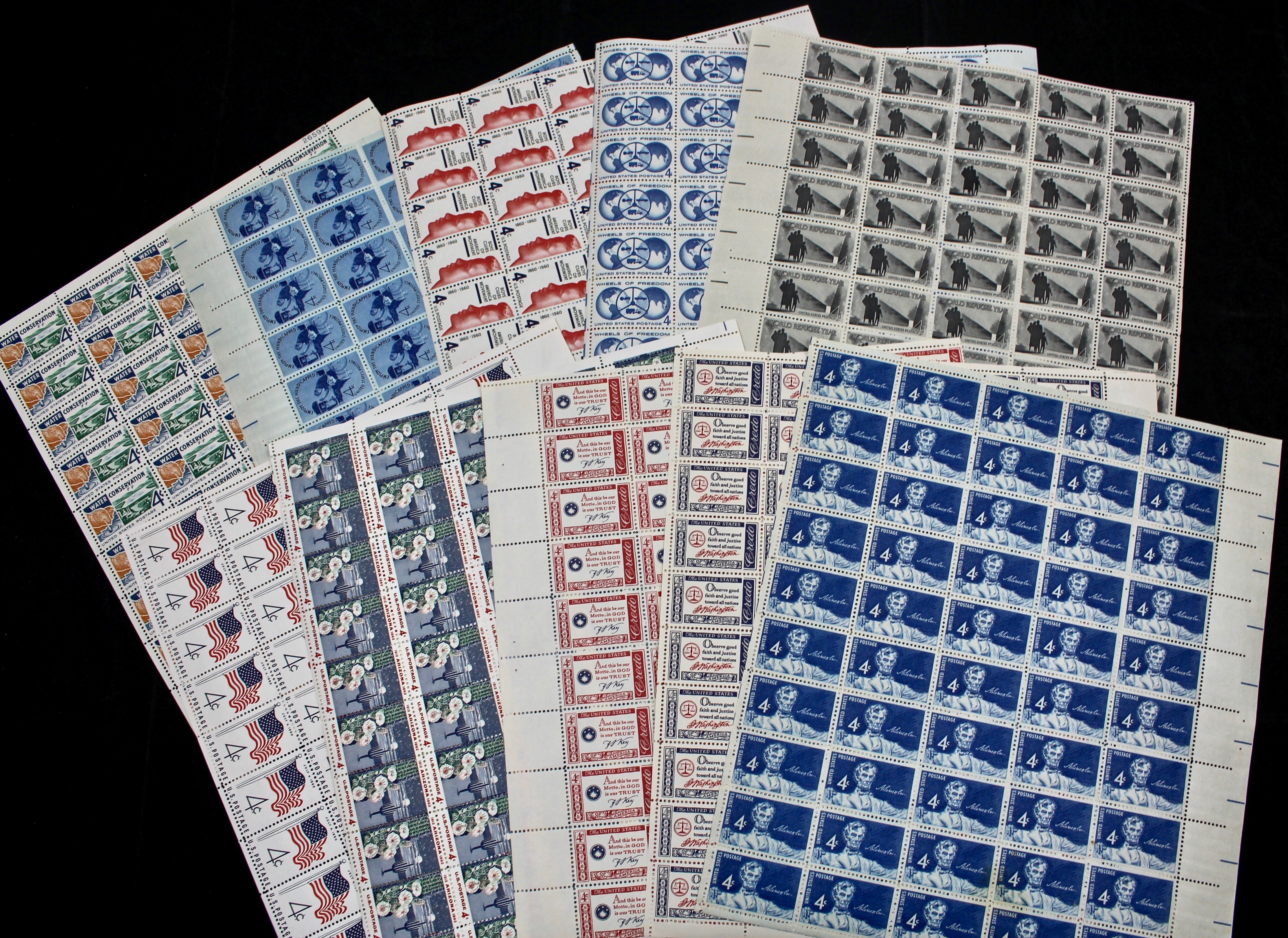 Thirty-Eight Different U.S. Postage Stamp Sheets, 1950s and 1960s