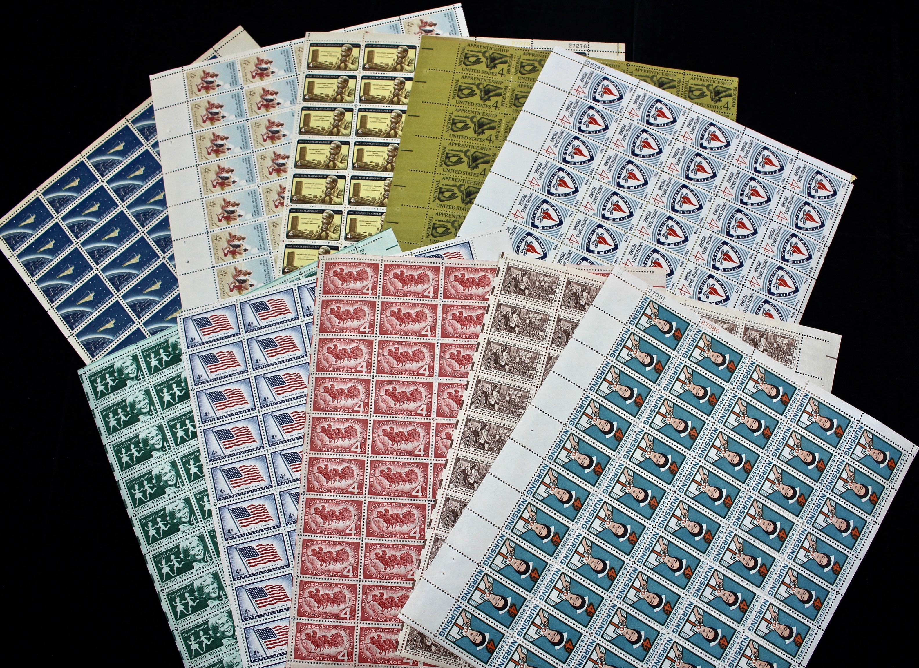 Thirty-Eight Different U.S. Postage Stamp Sheets, 1950s and 1960s