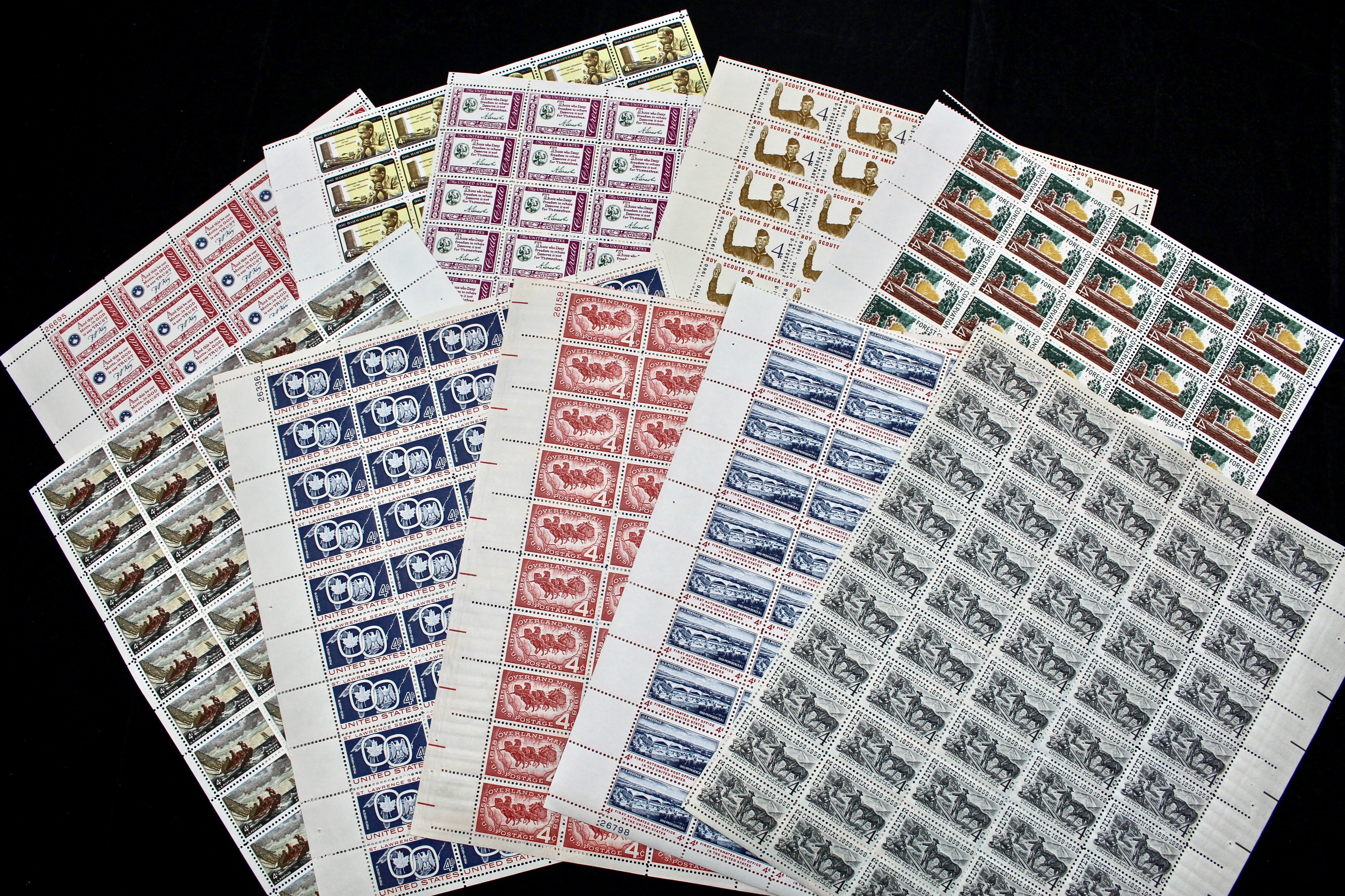 Thirty-Eight Different U.S. Postage Stamp Sheets, 1950s and 1960s