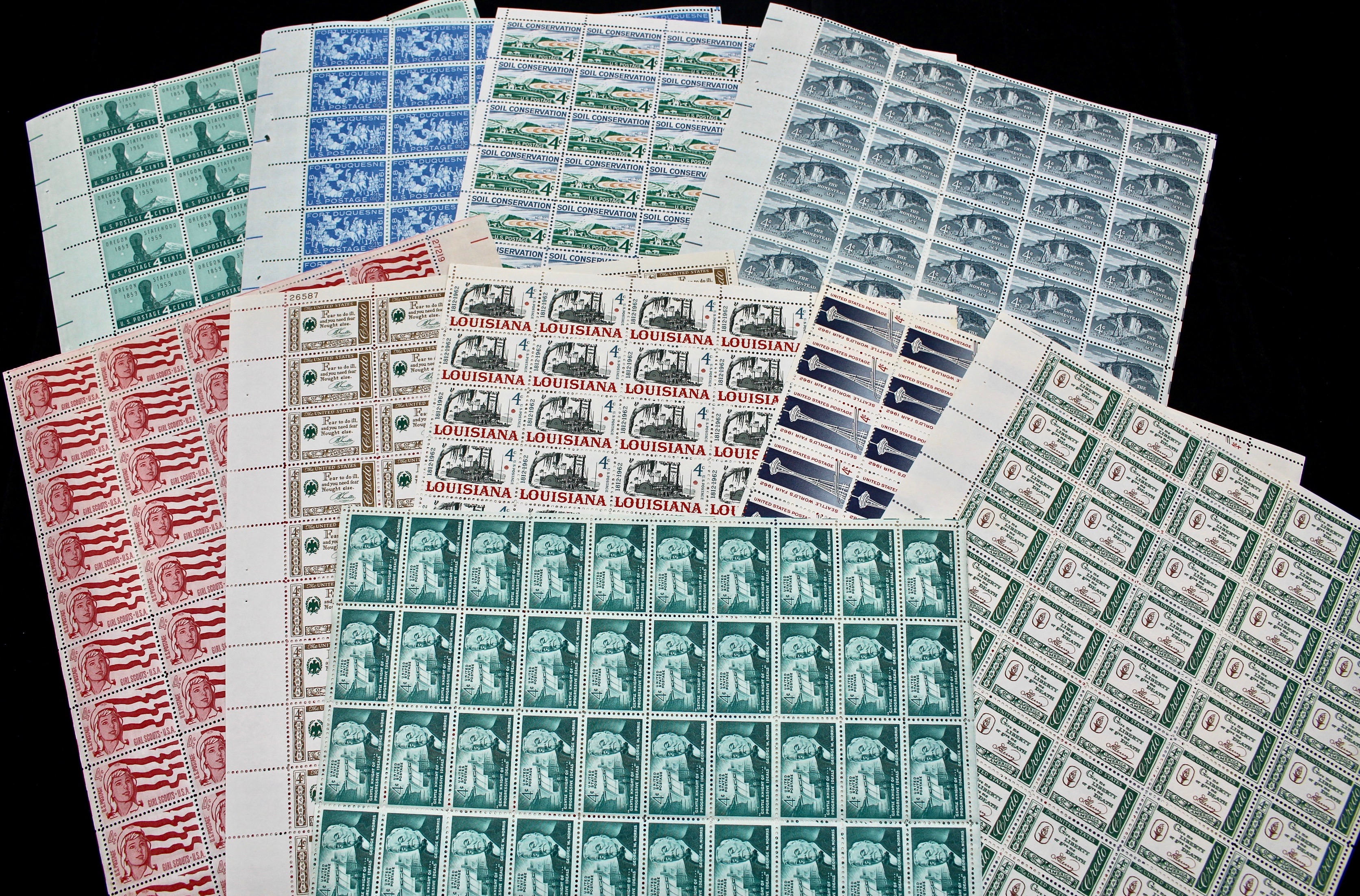 Thirty-Eight Different U.S. Postage Stamp Sheets, 1950s and 1960s