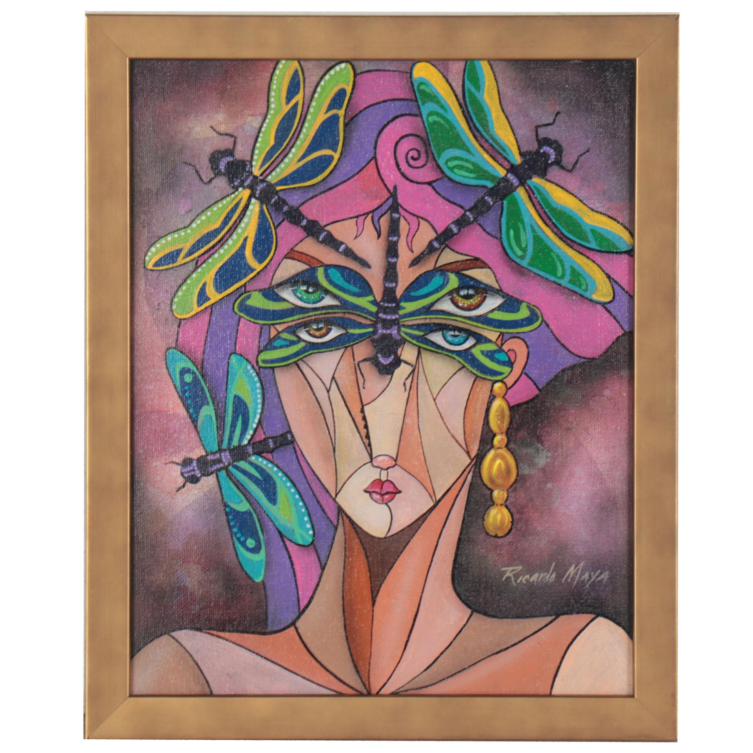 Ricardo Maya Acrylic Portrait Painting of Woman with Dragonflies, 21st Century