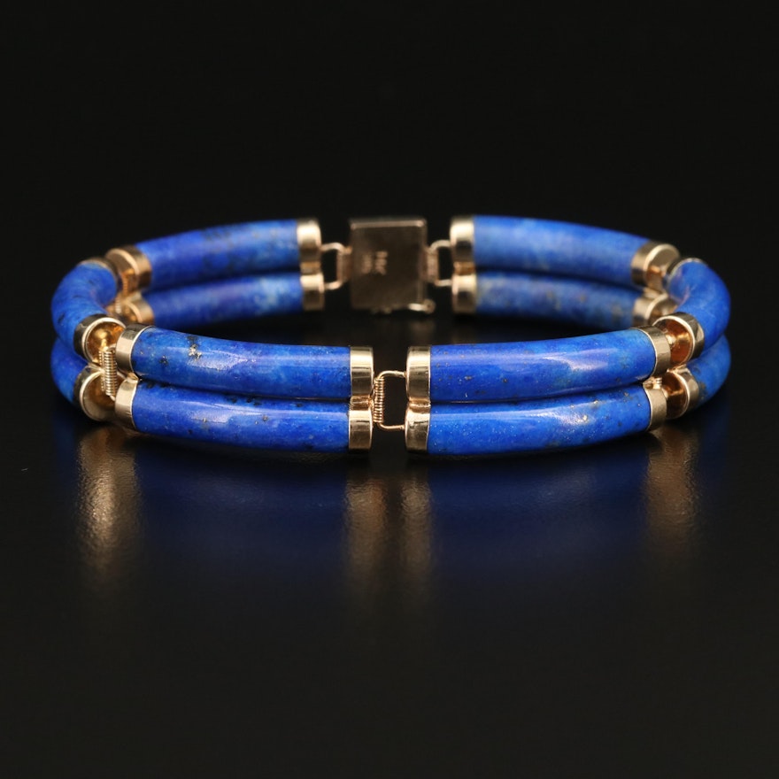 Chinese 14K Lapis Lazuli Double Row "Good Fortune" Bracelet