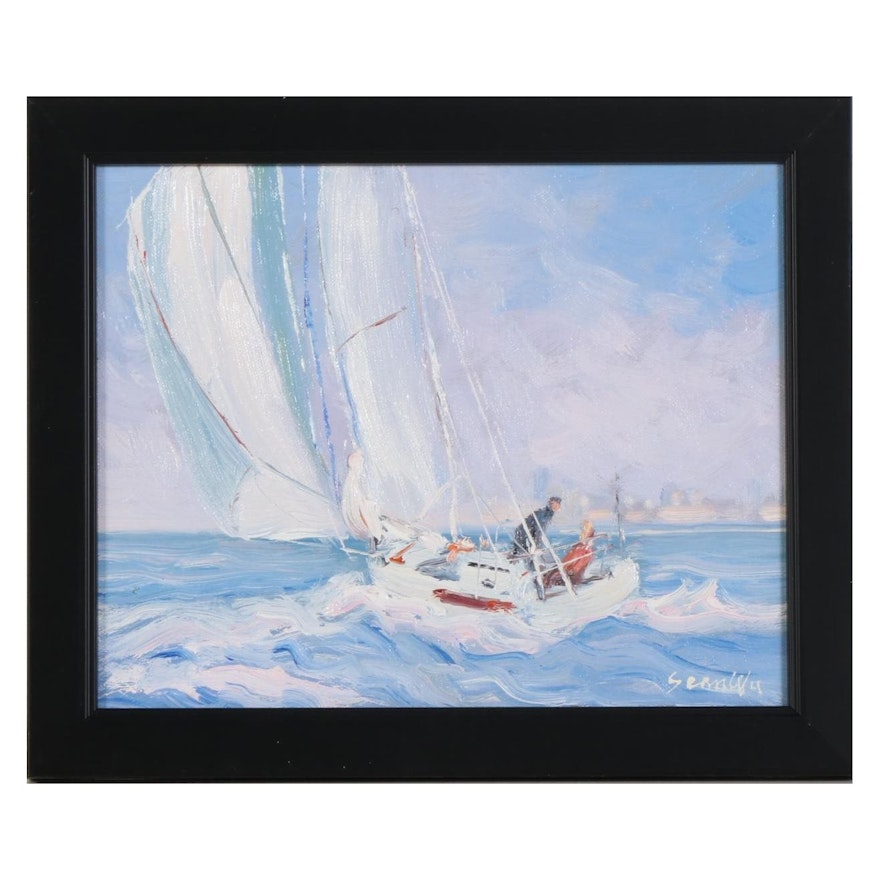 Sean Wu Oil Painting of Sailboat with Distant City Skyline, 2021