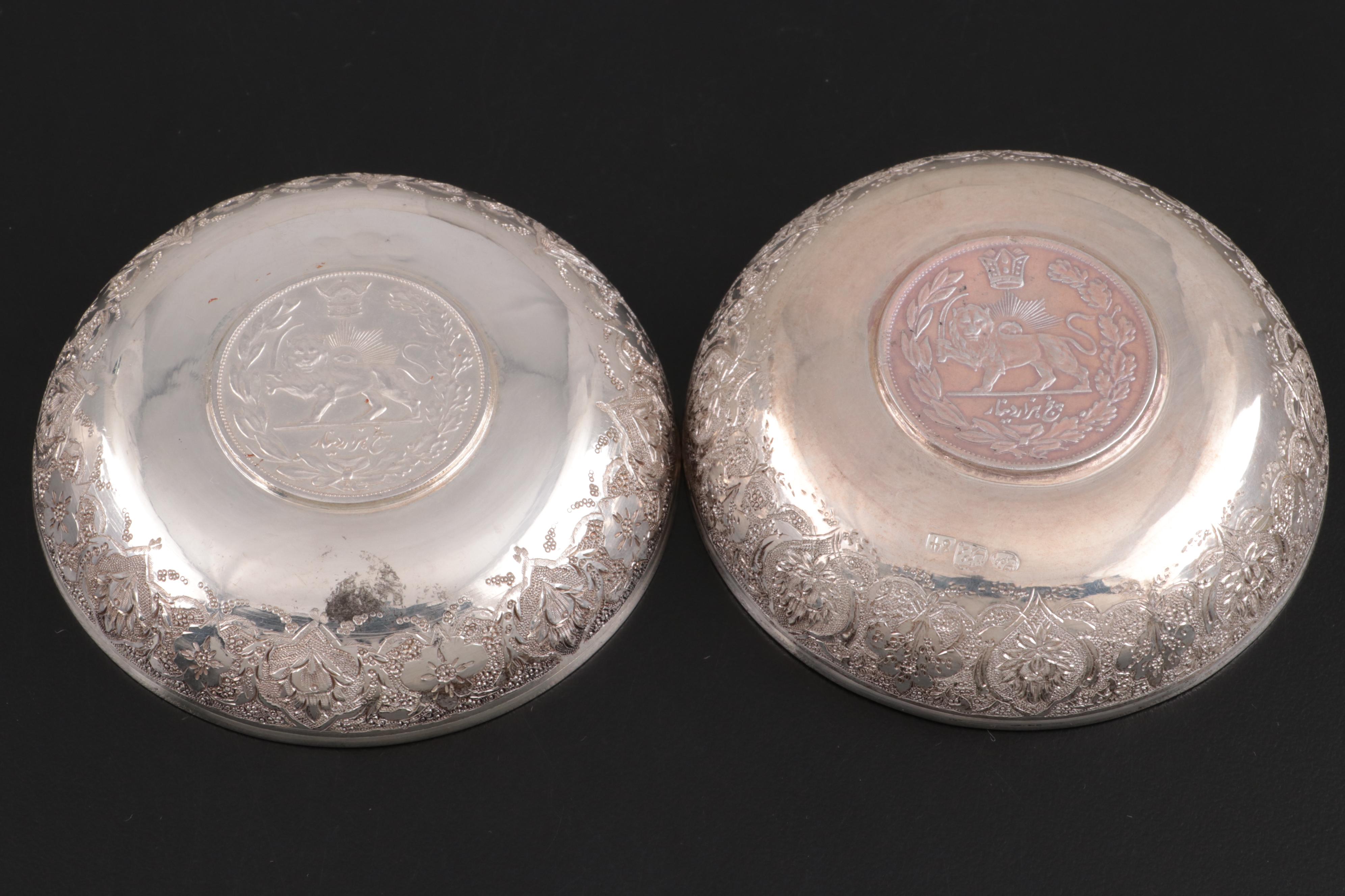 Persian Chased 800 Silver Dīnār Coin Bowls, Early to Mid 20th Century