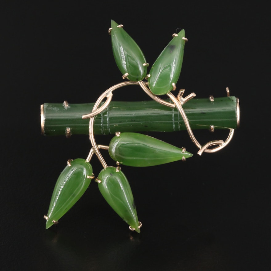 14K Nephrite Bamboo and Foliate Brooch