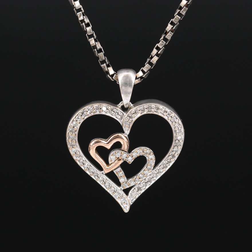 Sterling Diamond Heart Pendant Necklace with 14K Rose Gold Accent