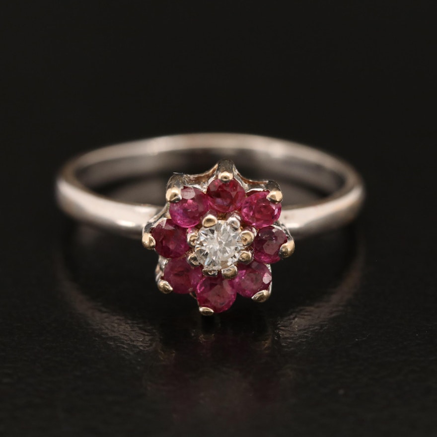 14K Floral Themed Diamond and Ruby Ring