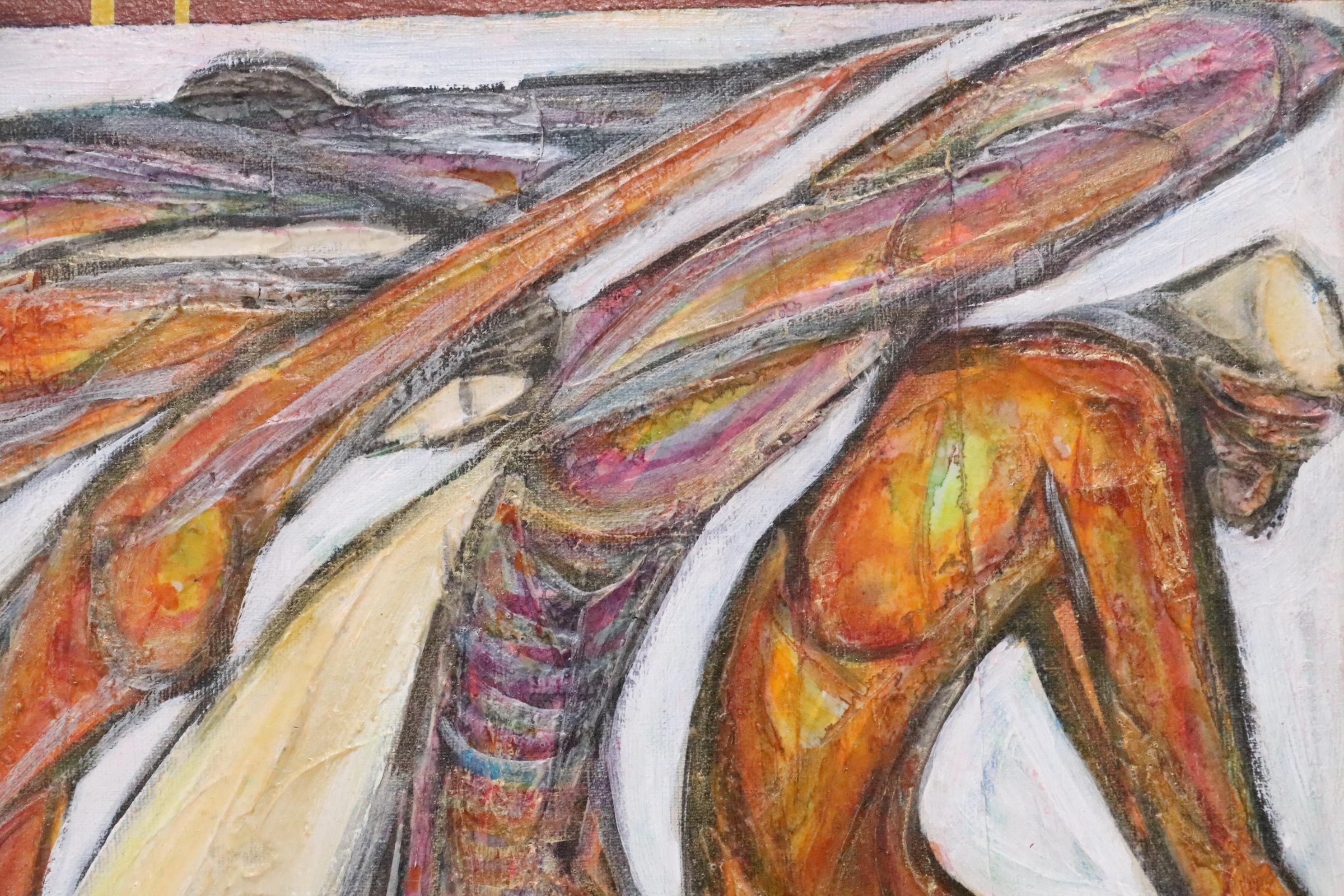 Moshe Katz Abstract Figural Mixed Media Painting, 1990