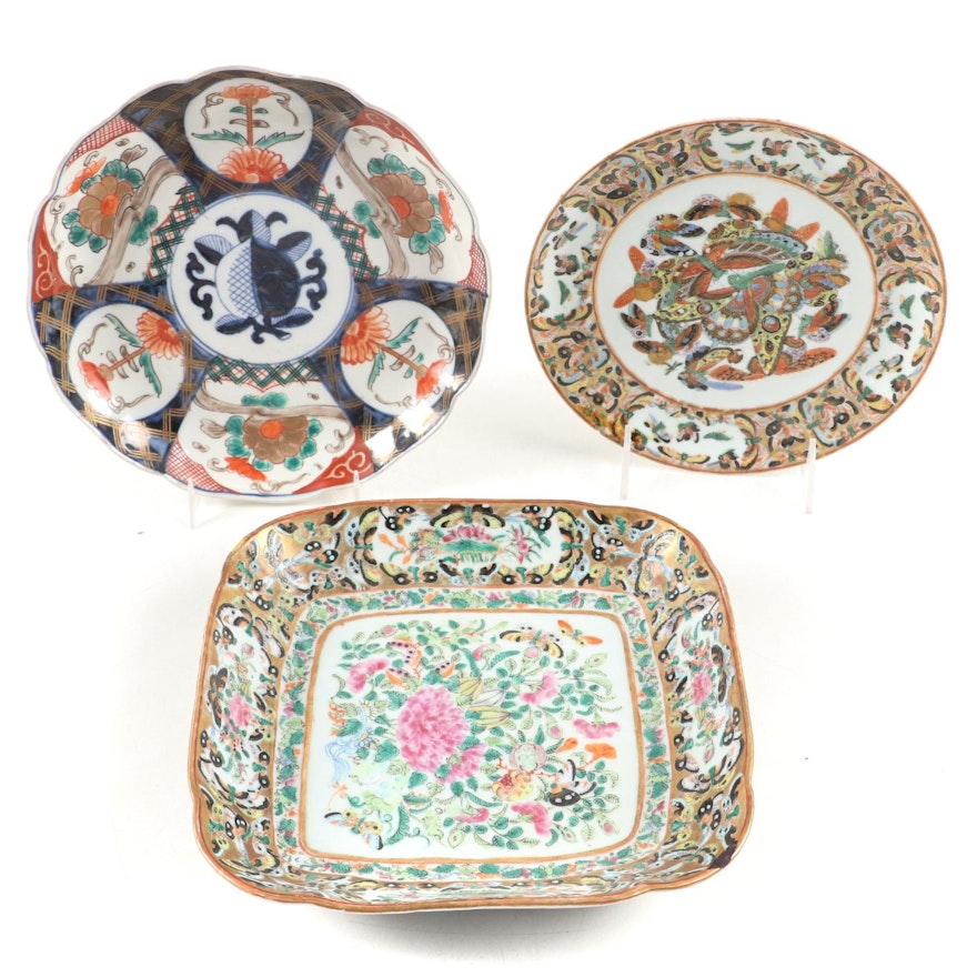 Chinese Export Thousand Butterfly Plate and Square Dish and Japanese Imari Plate